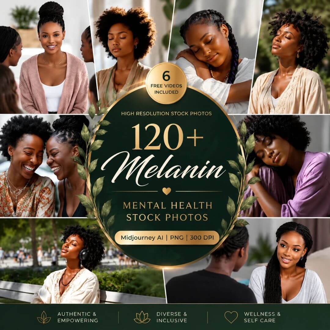120+ Melanin Mental Health & Wellness Stock Photos Bundle with PLR & MRR