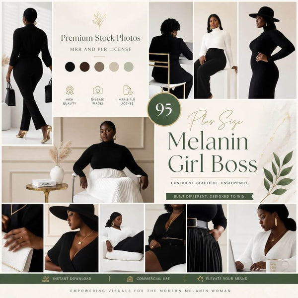95 Plus Size Melanin Girl Boss Stock Photos Bundle with PLR & MRR Rights