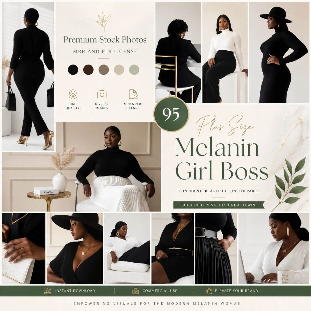95 Plus Size Melanin Girl Boss Stock Photos Bundle with PLR & MRR Rights