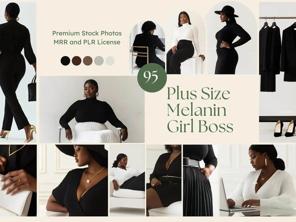 95 Plus Size Melanin Girl Boss Stock Photos Bundle with PLR & MRR Rights