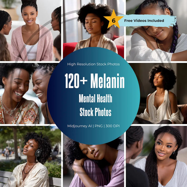 120+ Melanin Mental Health & Wellness Stock Photos Bundle with PLR & MRR